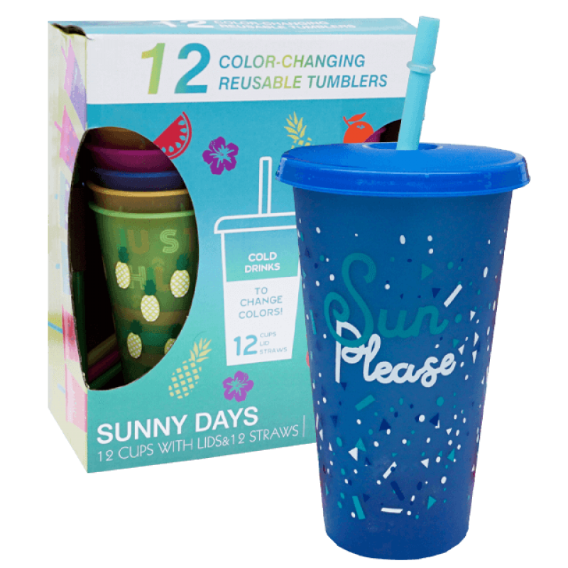 Set 12 pahare reutilizabile cu capac si pai, schimbare culoare